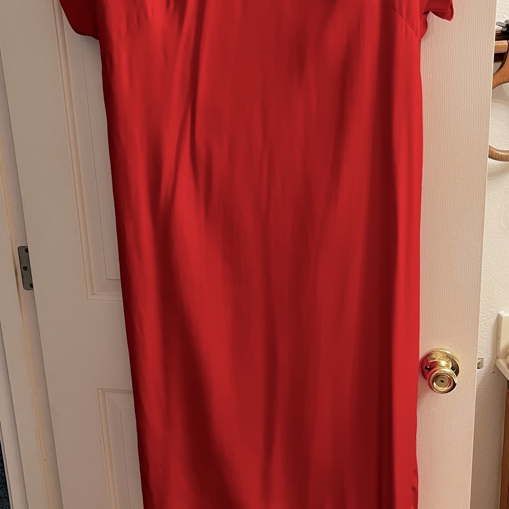 Striking simple elegant red dress chiffon flower on back. Lightly worn